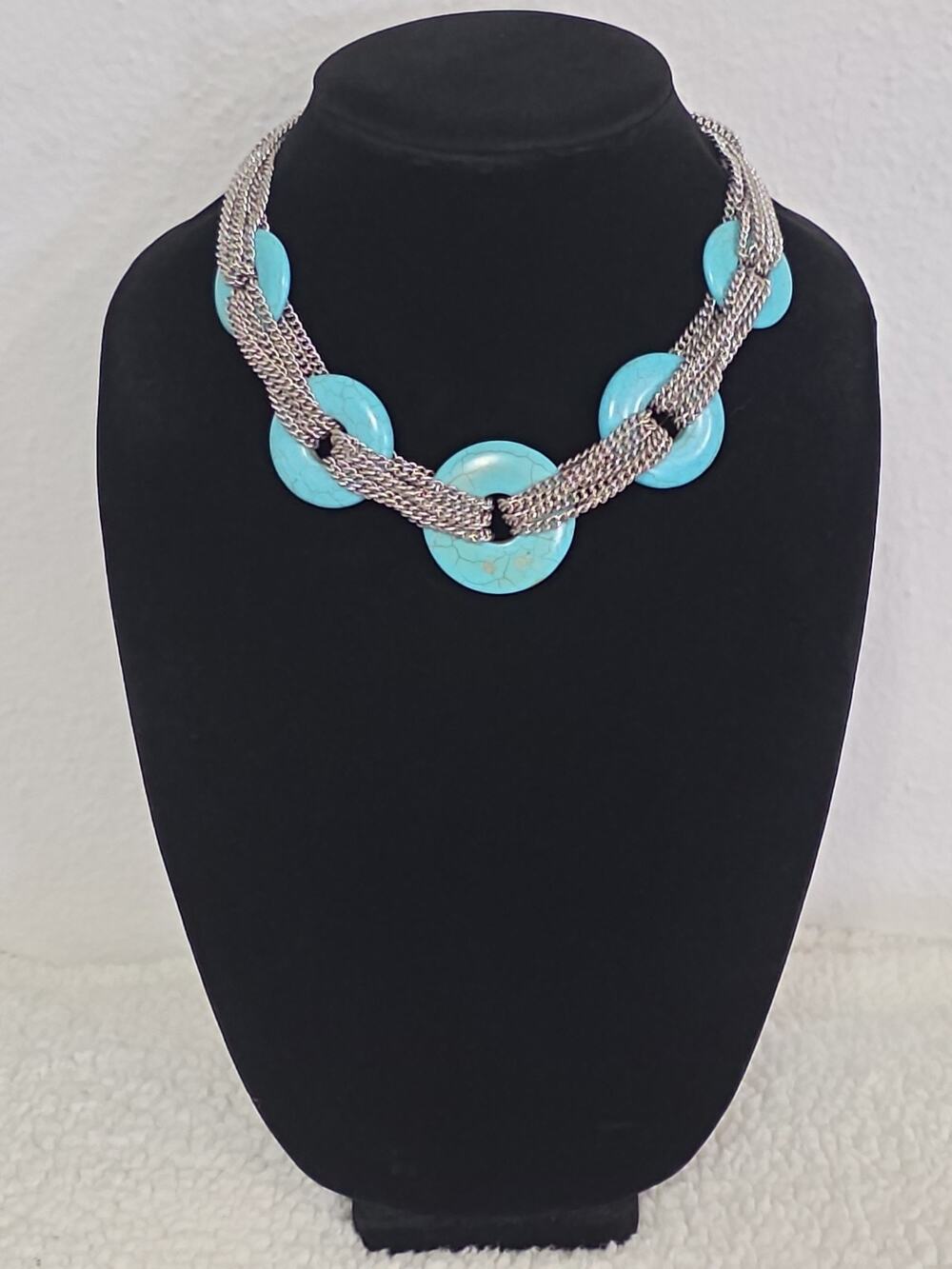 Chunky Heavy Statement Necklace Turquoise Colored Donut Stones Silver Tone Metal